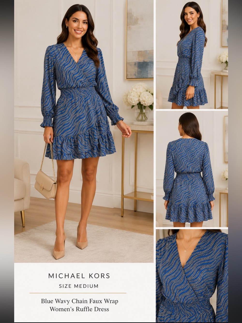 Michael Kors Blue Wavy Chain Faux-Wrap Dress